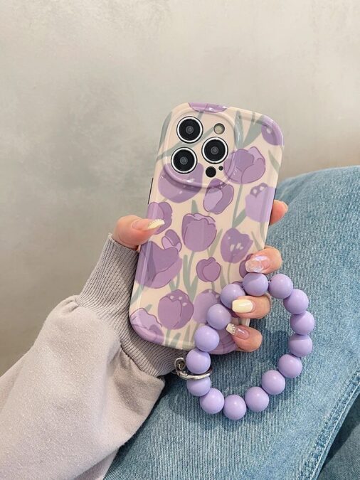 Purple Floral Tulip Glossy Soft Silicone Case With Ring Stand