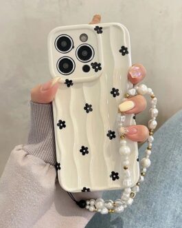3D Wave Pattern Black Flowers Lanyard iPhone Soft Silicone Case