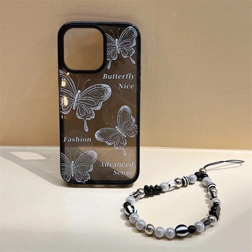 B/W Butterfly With Lanyard Bracelet String iPhone Soft Case