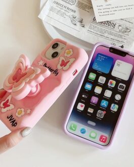 Pink Butterfly Attached Holder Stand Rubber Silicone Case For iPhone 13 & iPhone 14