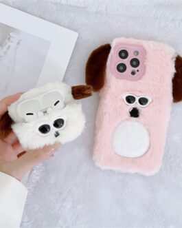 Pink White iPhone 14 Fur Plush Matching Soft Case & Airpod Pro Set