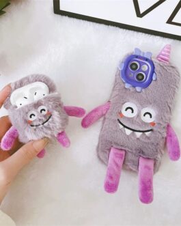 Purple Cartoon iPhone 14 Fur Plush Matching Soft Case & Airpod Pro Set