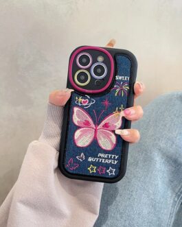 Denim Fabric Pink Butterfly Soft Silicone Rubber Case