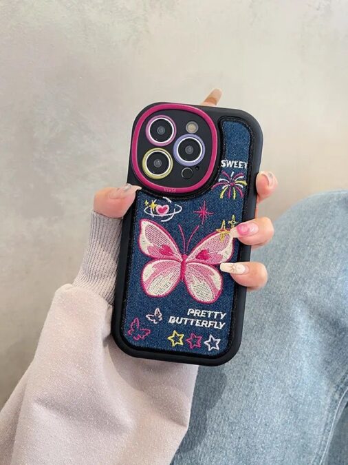 Denim Fabric Pink Butterfly Soft Silicone Rubber Case