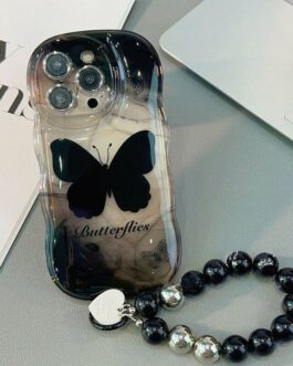 Black Butterfly With Bracelet Lanyard Soft Silicone iPhone Case For iPhone 14