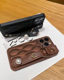 Brown Leather Sponge Strap Bracelet Holder Soft Silicone Case For iPhone 14