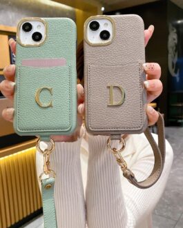 Luxury Card Holder Leather iPhone Only Case With Custom Name Single Plain Golden Letter