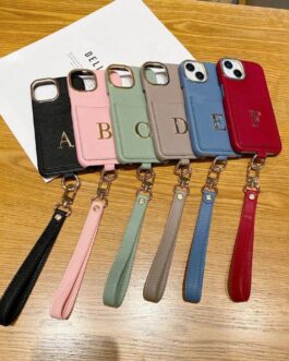 Luxury Card Holder Leather iPhone Only Case With Custom Name Single Plain Golden Letter