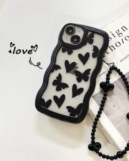 Cute Wave Love Black Butterfly Lanyard iPhone Soft Case