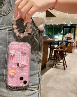 3D Cute Pink Wave Cartoon Melody Round Lanyard Bracelet iPhone Soft Case